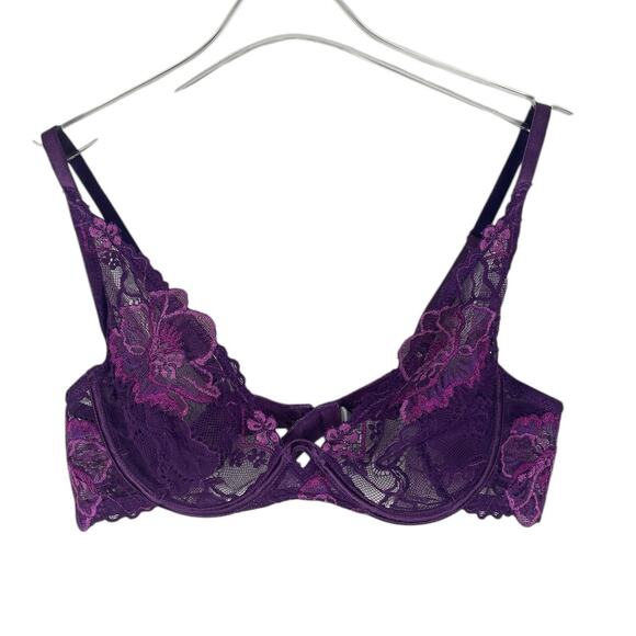 Wacoal Lace Plunge Bra Floral Sheer Feminine Romantic 95730 Purple Size 34B - Picture 2 of 12